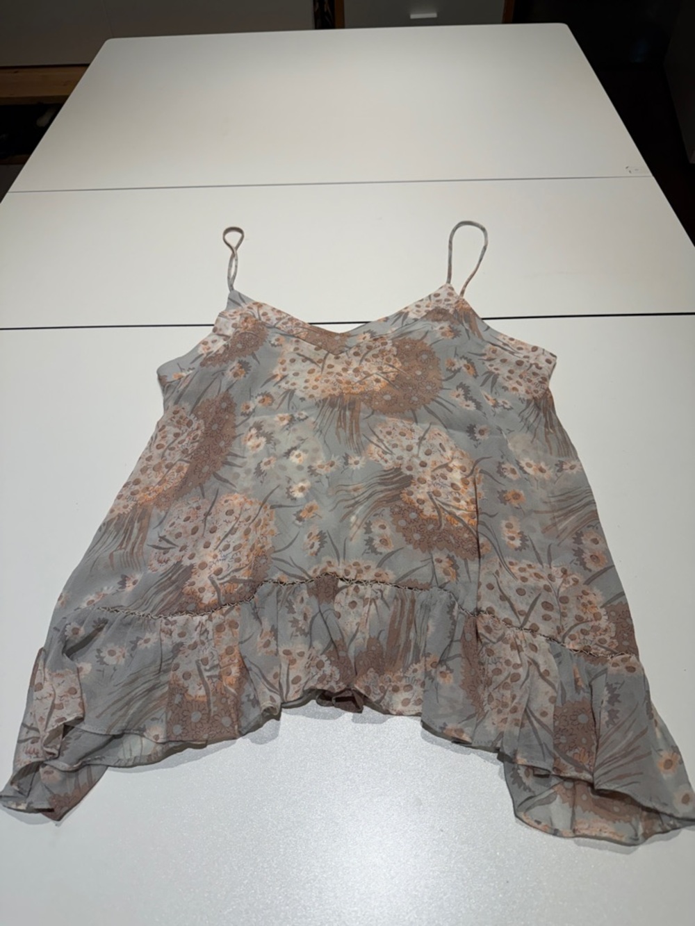 LoveShackFancy Floral Ruffle Hem Cami in Light Gray & Taupe L